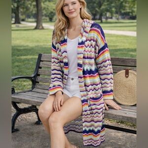 Johnny Was Hooded Colorful Stripe Knit Cardigan Button Front Small Sumertime